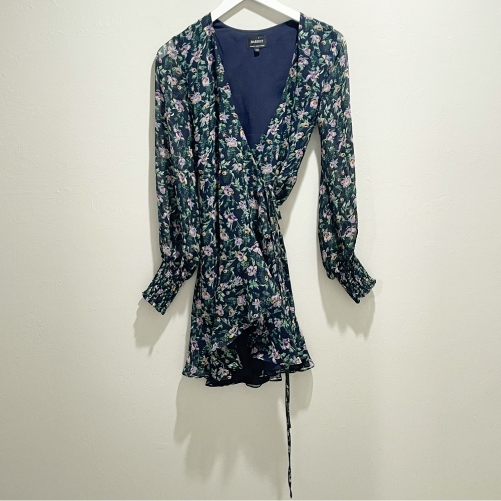 BARDOT Women’s Navy Purple Floral Balloon Sleeve Ruffle True Wrap Dress Size XS
